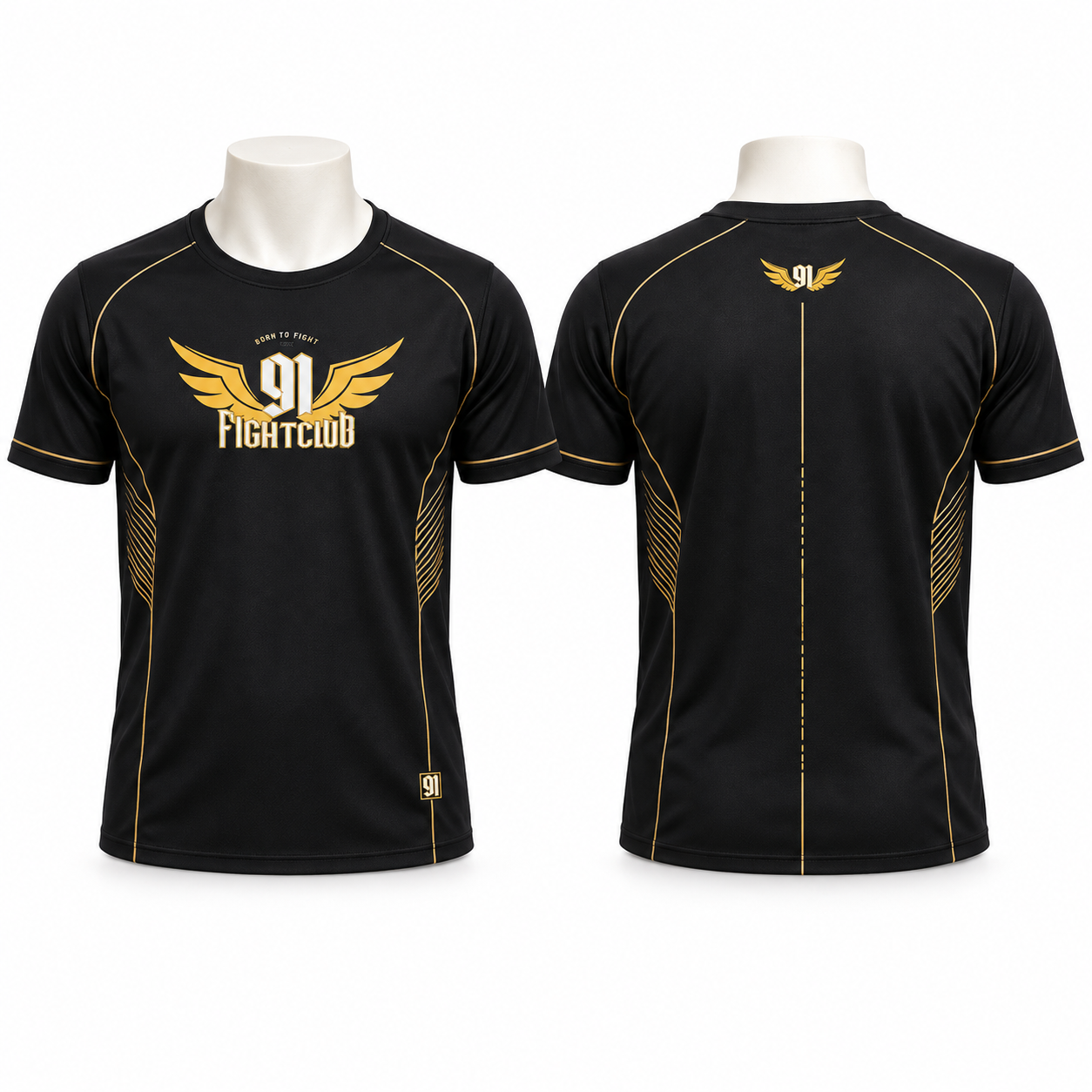 Frente e costas da camiseta dryfit preta e dourada 91 Fightclub