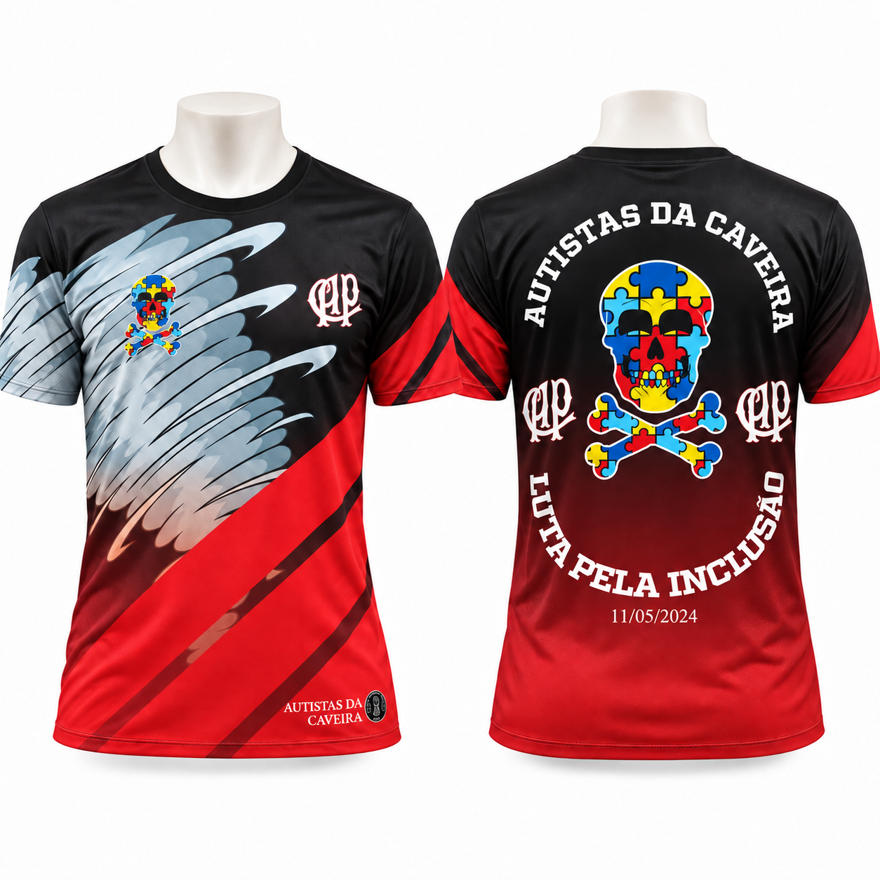 Frente e costas da camiseta dryfit sublimada Autistas da Caveira — Luta pela Inclusão