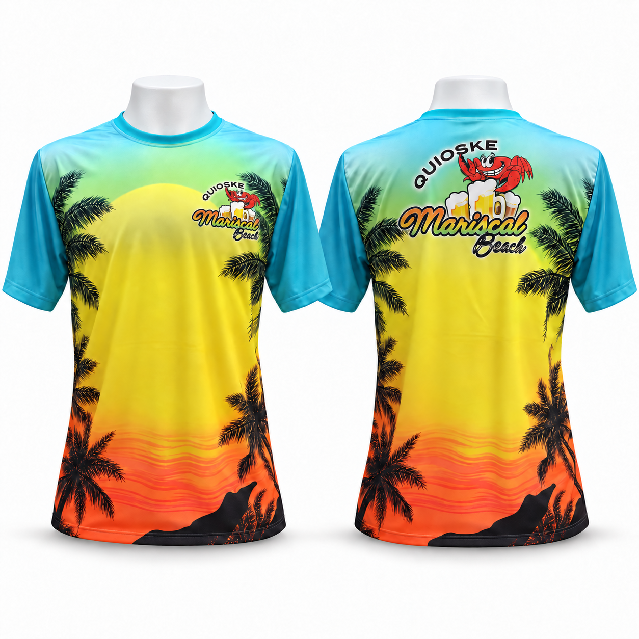 Frente e costas da camiseta dryfit tropical personalizada para o Quioske Mariscal Beach