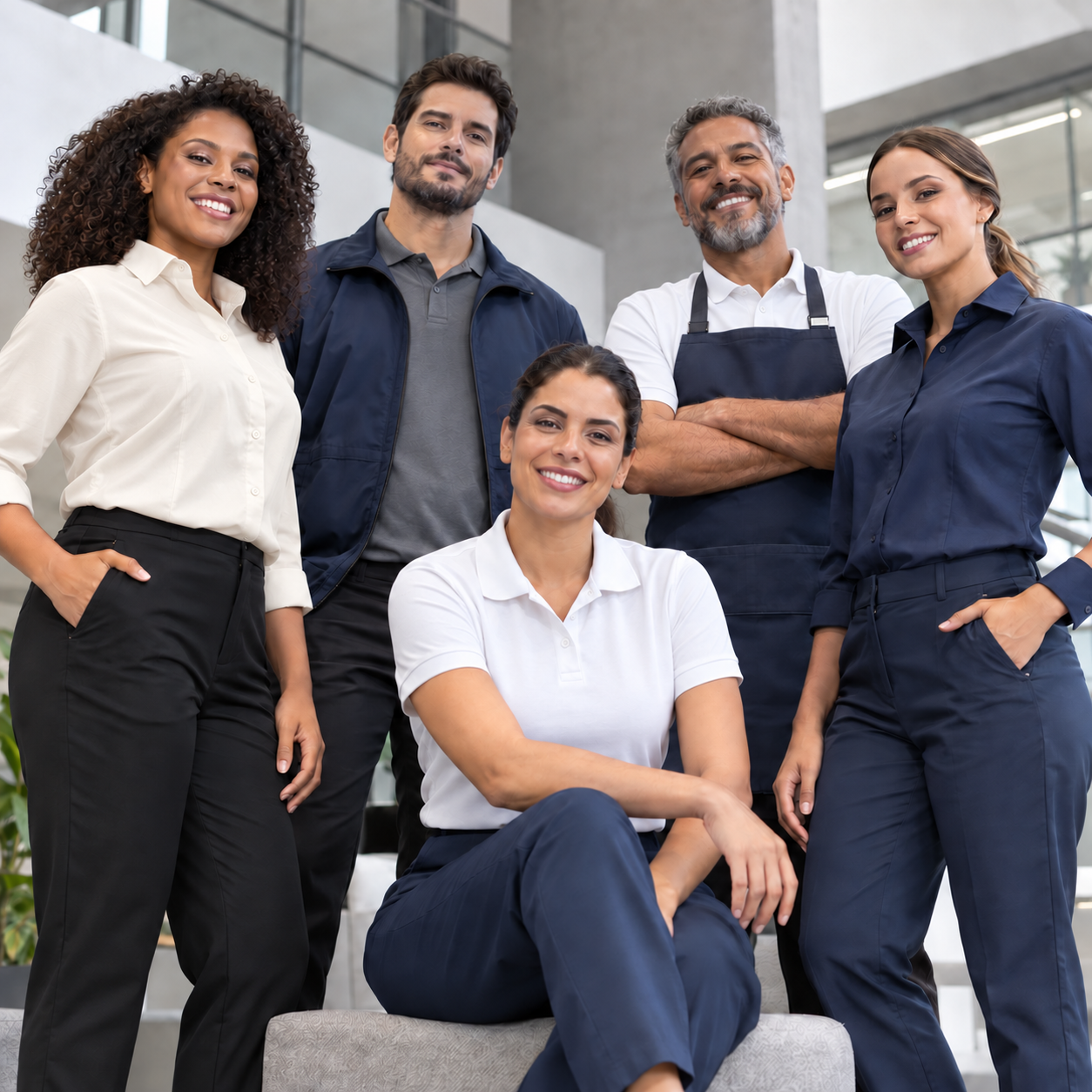 Equipe profissional usando uniformes empresariais em azul-marinho, branco, off-white, cinza e preto