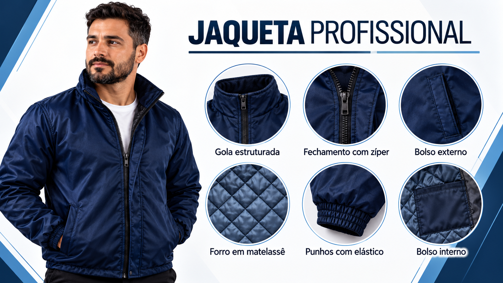 Jaqueta profissional azul-marinho com gola estruturada, fechamento em zíper, bolso externo, forro em matelassê, punhos com elástico e bolso interno