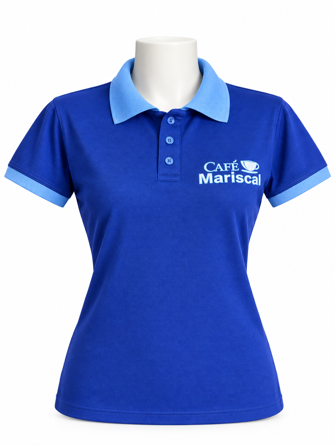 Camisa polo feminina azul em malha Piquet PV personalizada para o Café Mariscal