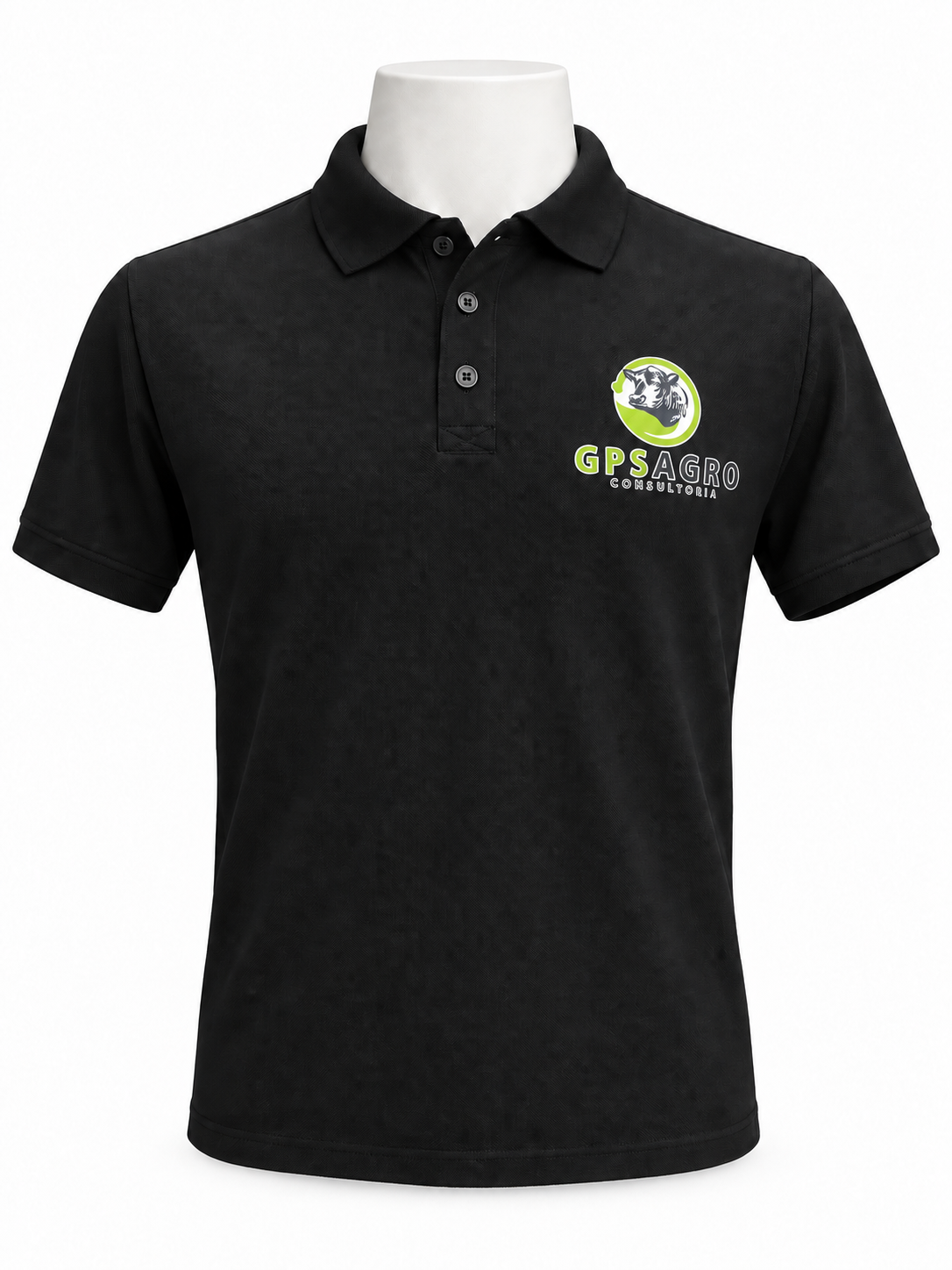 Camisa polo masculina preta em malha Piquet PA personalizada para a GPS Agro Consultoria