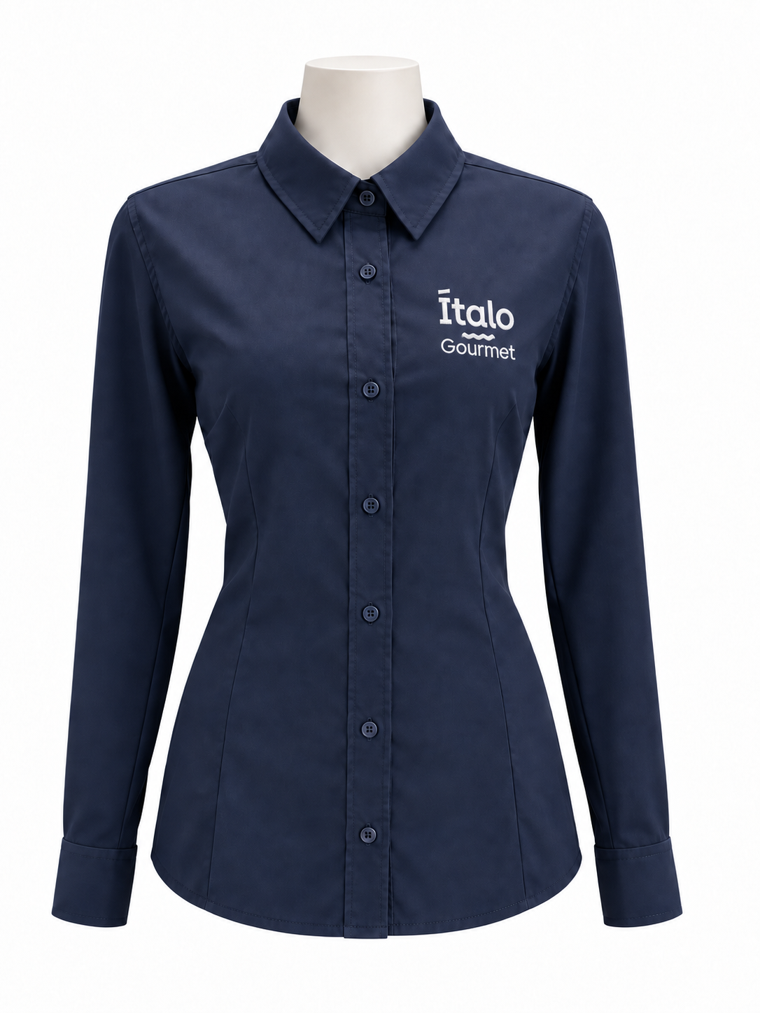Camisa social feminina azul-marinho com bordado completo do Mercado Ítalo Gourmet