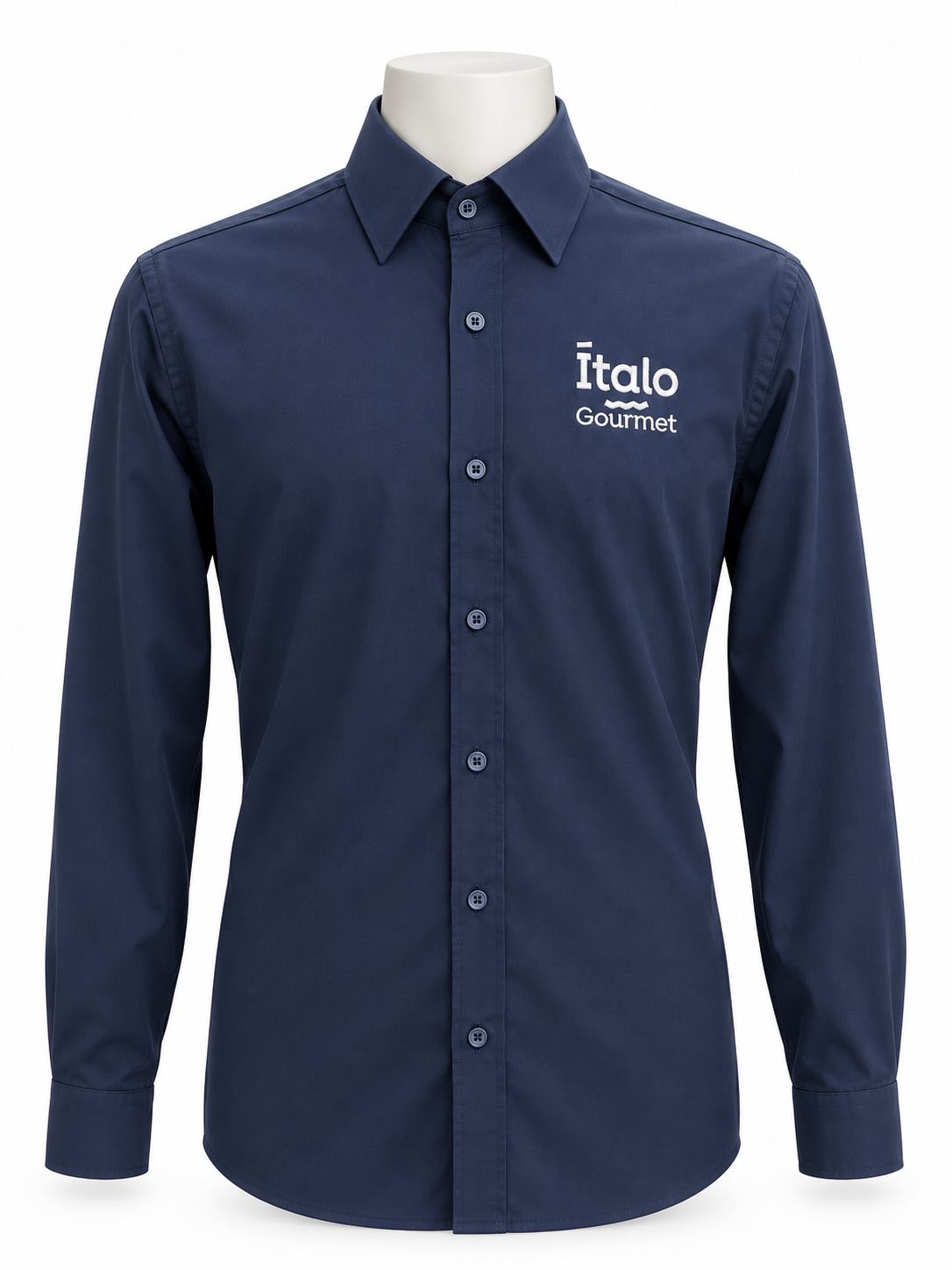 Camisa social masculina azul-marinho bordada para o Mercado Ítalo Gourmet